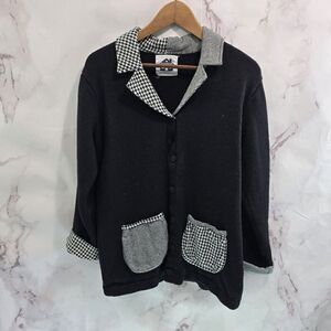 Storybook Knits Sweater Womens Large Black Houndstooth Striped Artsy Blazer